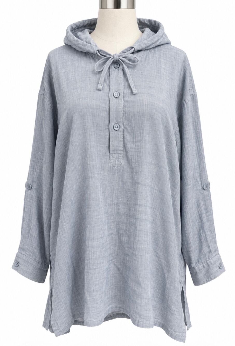 Saks Fifth Avenue Light Gray Linen Blend Hooded Tie Neck Women Tunic Button XXL